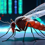 A highly detailed, close-up image of a futuristic, stylized insect (e.g., a mosquito or fruit fly) with translucent elements revealing glowing, intricate genetic code or DNA strands within its body. The insect is situated in a sterile, advanced laboratory setting with blurred scientific instruments and digital screens displaying complex biological data in the background. The overall mood is one of precision, innovation, and scientific marvel, symbolizing the groundbreaking capabilities of CRISPR-Cas9 in revolutionizing insect genomics for disease control and crop protection. Use bright, clean lighting with a subtle glow emanating from the genetic elements.