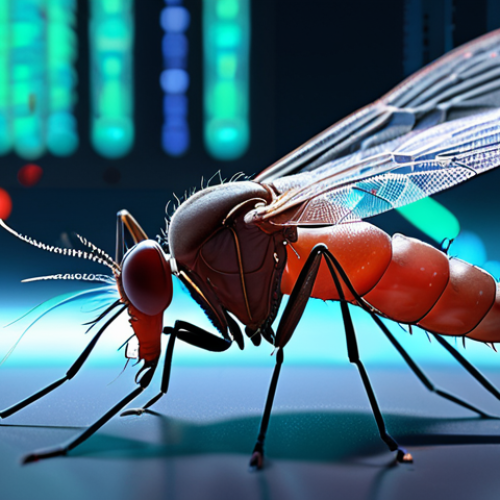 Home 11 A highly detailed, close-up image of a futuristic, stylized insect (e.g., a mosquito or fruit fly) with translucent elements revealing glowing, intricate genetic code or DNA strands within its body. The insect is situated in a sterile, advanced laboratory setting with blurred scientific instruments and digital screens displaying complex biological data in the background. The overall mood is one of precision, innovation, and scientific marvel, symbolizing the groundbreaking capabilities of CRISPR-Cas9 in revolutionizing insect genomics for disease control and crop protection. Use bright, clean lighting with a subtle glow emanating from the genetic elements.