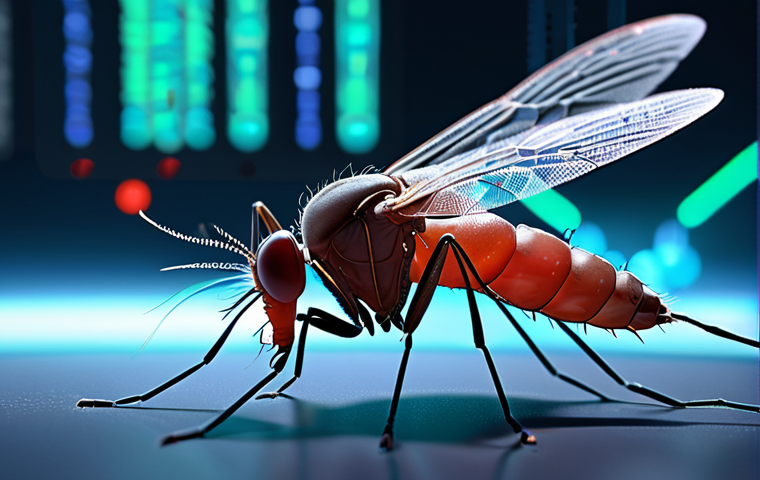 A highly detailed, close-up image of a futuristic, stylized insect (e.g., a mosquito or fruit fly) with translucent elements revealing glowing, intricate genetic code or DNA strands within its body. The insect is situated in a sterile, advanced laboratory setting with blurred scientific instruments and digital screens displaying complex biological data in the background. The overall mood is one of precision, innovation, and scientific marvel, symbolizing the groundbreaking capabilities of CRISPR-Cas9 in revolutionizing insect genomics for disease control and crop protection. Use bright, clean lighting with a subtle glow emanating from the genetic elements.