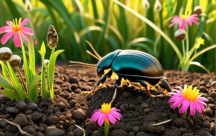 **Prompt 1: Flourishing Ecosystem Harmony**
"A vibrant, lush green savanna pasture bathed in warm, golden sunlight. Healthy, diverse herds of herbivores, such as cattle and gazelles, graze peacefully. The foreground is alive with the subtle activity of beneficial insects: a ladybug rests on a dew-kissed blade of grass, a dung beetle diligently buries organic matter in rich, dark soil, and bees and butterflies flit between blooming wildflowers, symbolizing pollination. The image emphasizes the natural balance and interconnectedness of a thriving ecosystem, where small creatures play crucial roles in maintaining abundance and vitality for larger animals. High detail, harmonious colors, natural light."