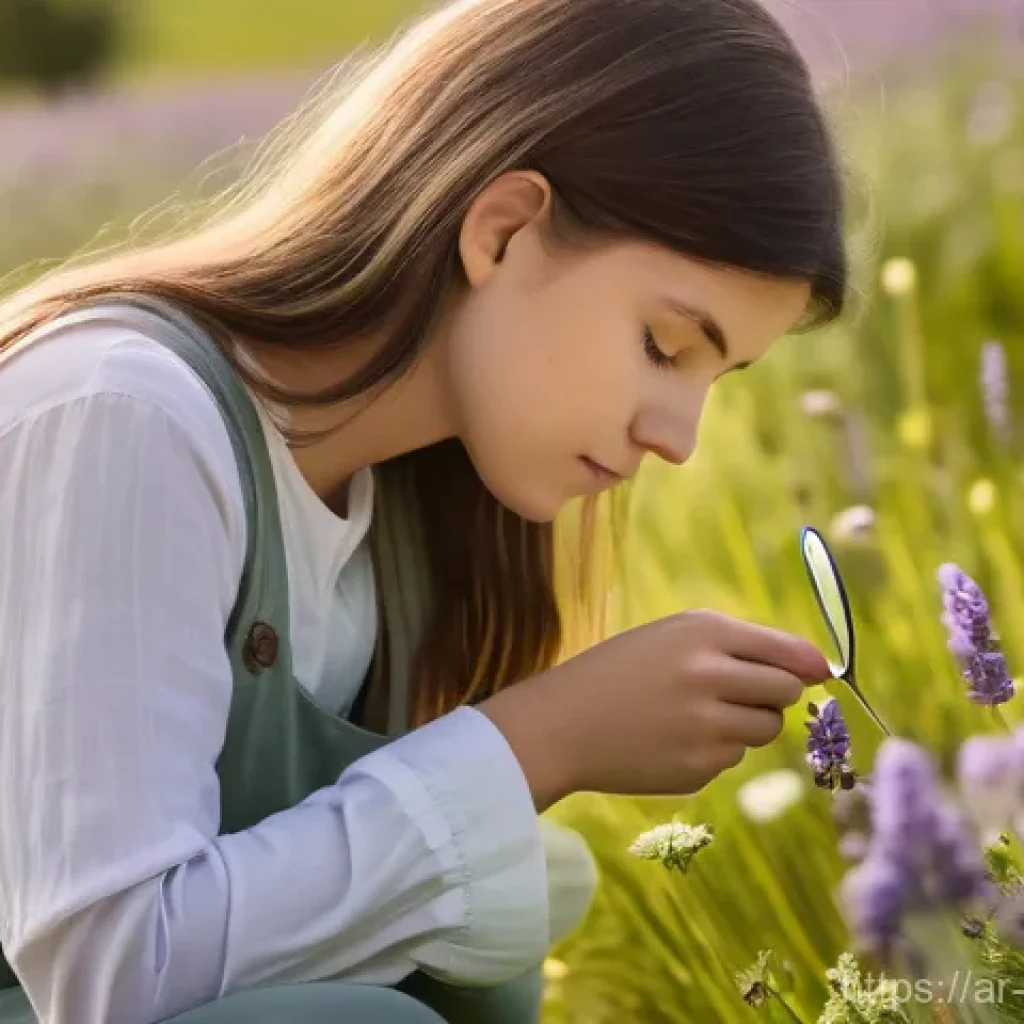 곤충 채집 시기별 특성 - A serene spring meadow scene bathed in soft morning light. A young person, dressed in casual long-sl...