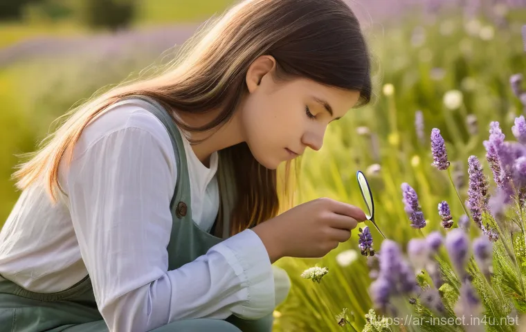 곤충 채집 시기별 특성 - A serene spring meadow scene bathed in soft morning light. A young person, dressed in casual long-sl...
