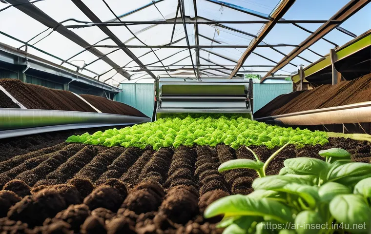 곤충을 이용한 천연비료 - **Prompt:** A vibrant, macro-level illustration showing the intricate process of insect farming for ...