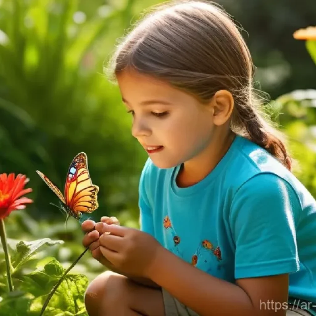 곤충 학습 프로그램 - **Prompt:** A group of diverse children, aged 6-8, are exploring a vibrant, sunlit botanical garden....