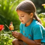 곤충 학습 프로그램 - **Prompt:** A group of diverse children, aged 6-8, are exploring a vibrant, sunlit botanical garden....