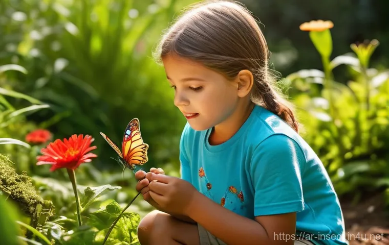 곤충 학습 프로그램 - **Prompt:** A group of diverse children, aged 6-8, are exploring a vibrant, sunlit botanical garden....